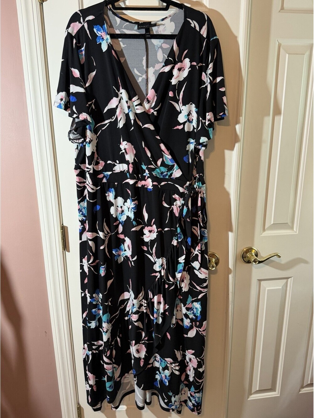 Lane Bryant Maxi Dress Womens 22/24 Black Floral Wrap V Neck Flutter Sleeve